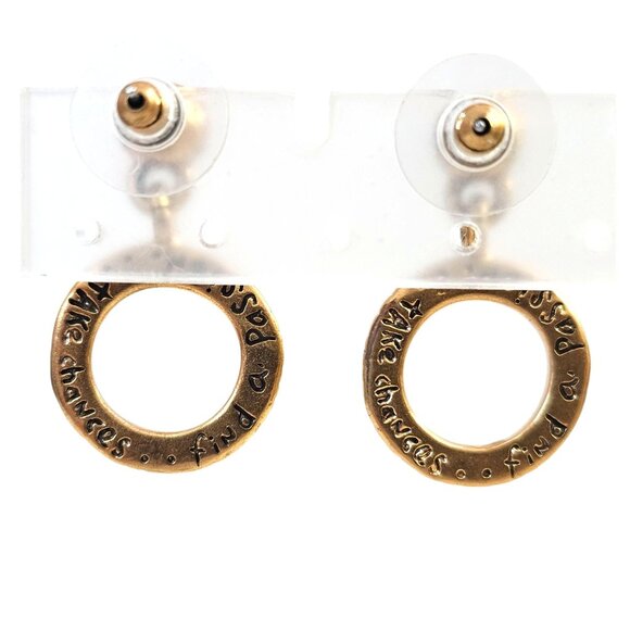 Gold Tone Drop Earrings W/ Clear Crystal‎ Studs & Text Engraved Open Circle - Picture 3 of 5